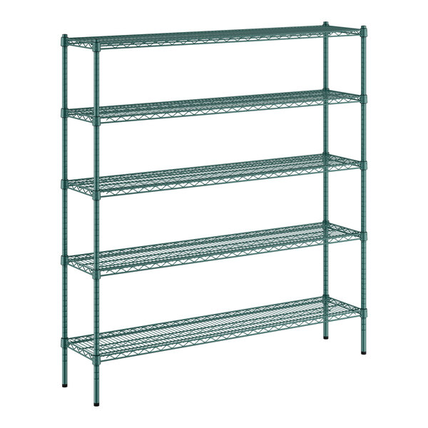 A green metal wire shelving unit with five shelves.