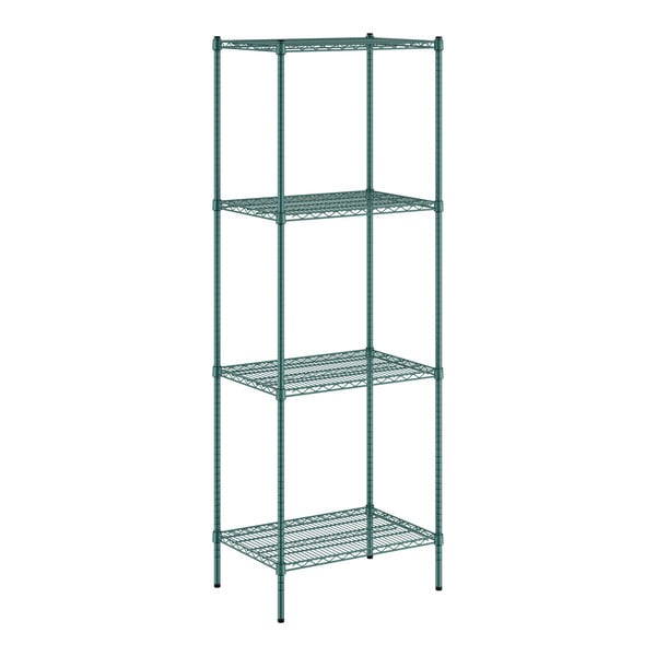 A green wire shelving unit with four shelves.