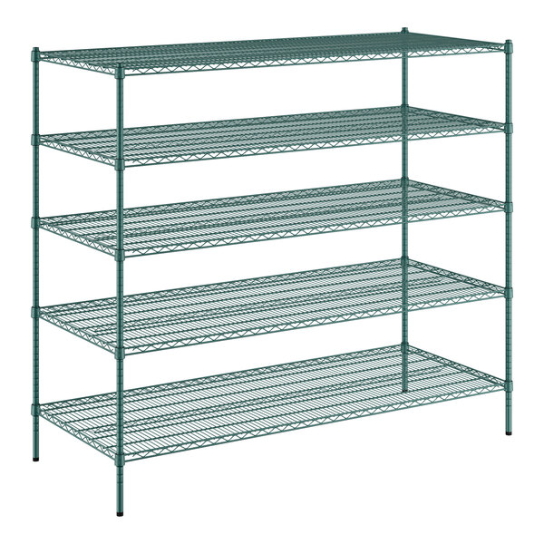 A green metal rack with five shelves.