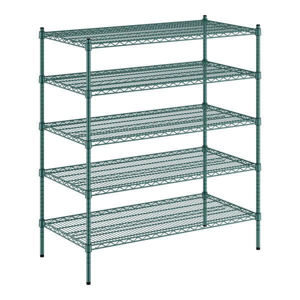 A green metal wire shelving unit with four shelves.