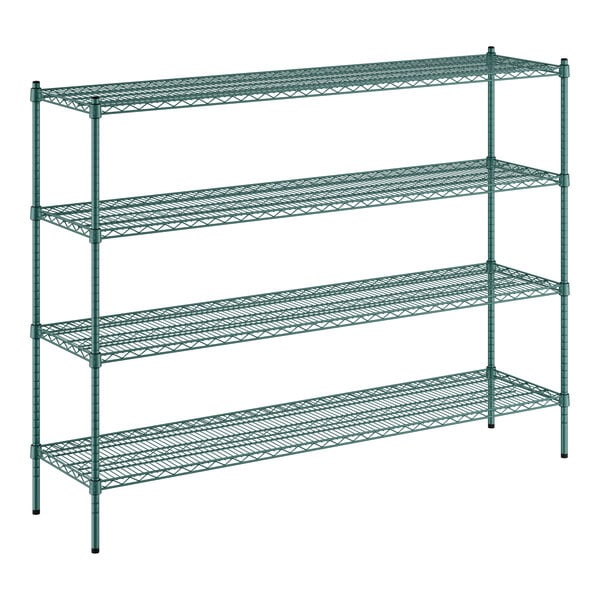 A green metal wire shelving unit with four shelves.