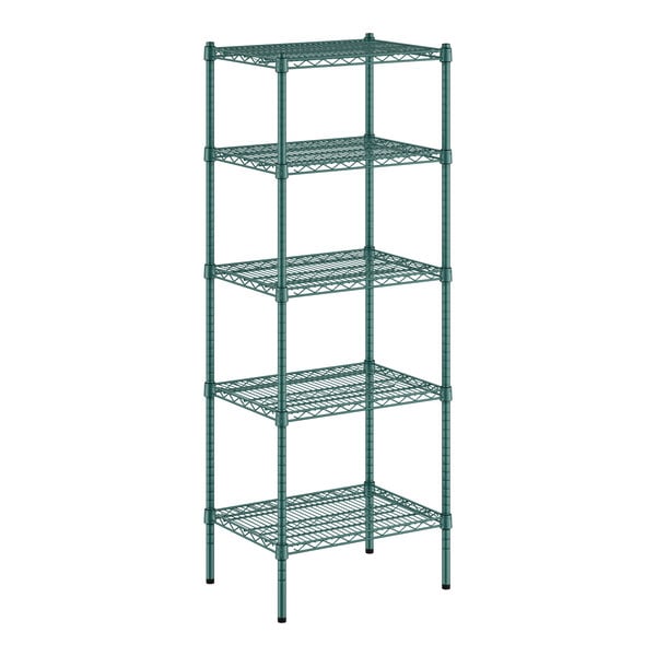 A green Regency wire shelving unit with four shelves.