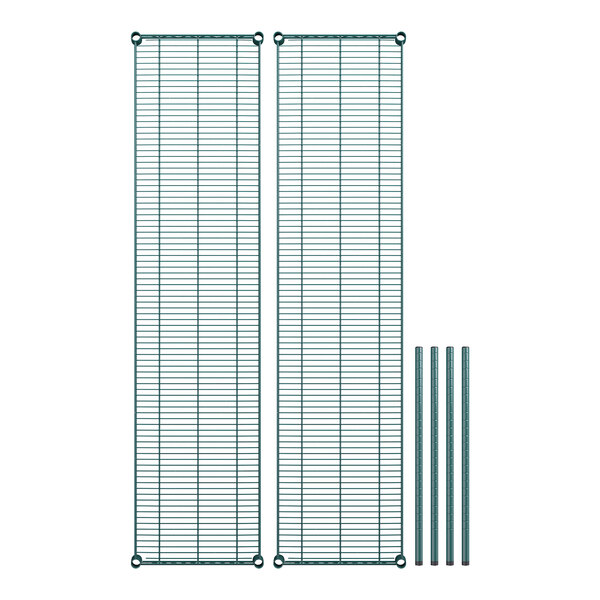 A pair of green wire shelves with metal grids.