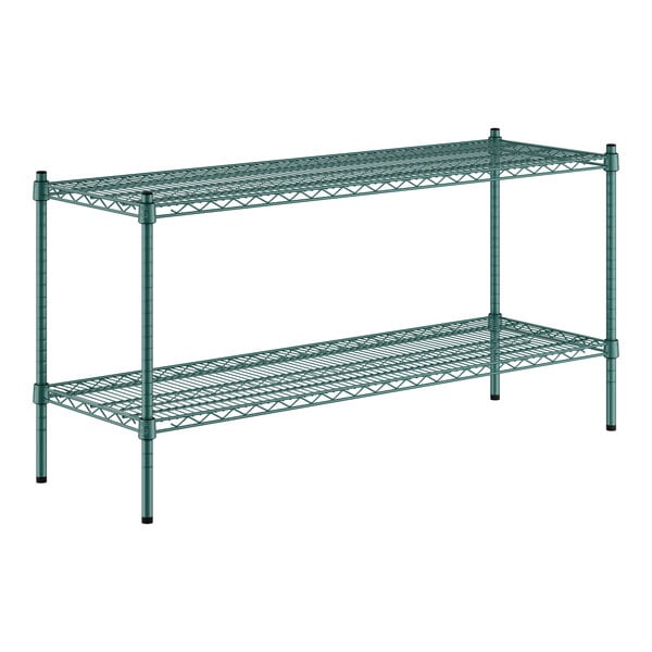 A green metal Regency wire shelving kit with two shelves.