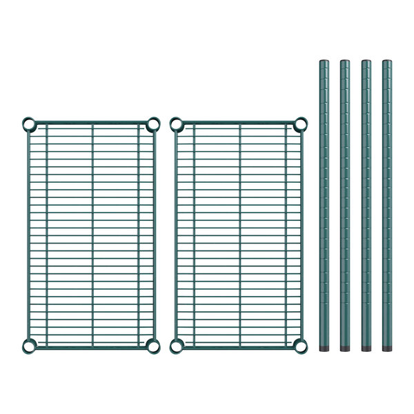 A pair of green metal grids with metal rods.