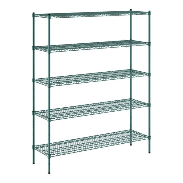 A green Regency wire shelving unit with five shelves.