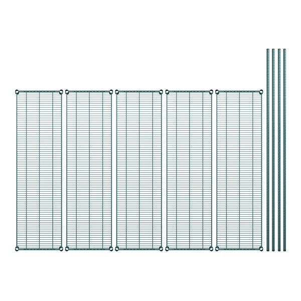 A row of green metal grid shelves.