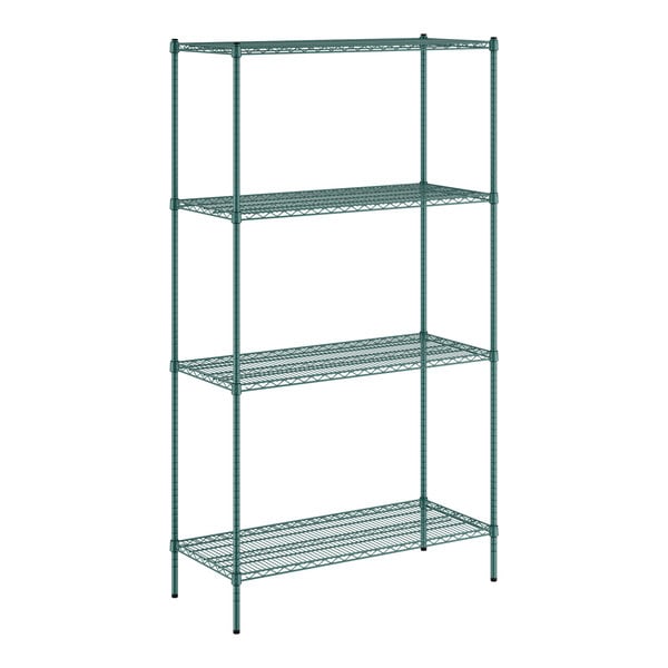 A Regency green wire shelving unit with four shelves.