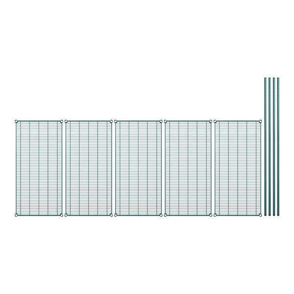 A row of green wire shelves with metal grids.