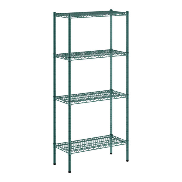 A green wire shelving unit with four shelves.