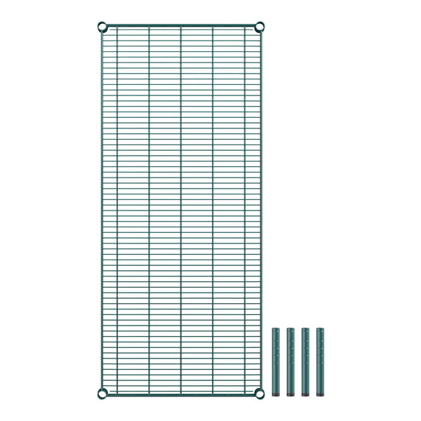 A green wire shelf grid with metal rods.