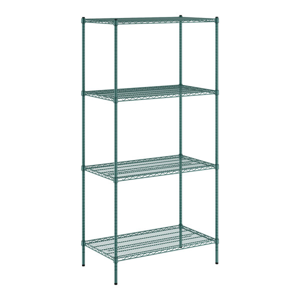 A green metal wire shelving unit with four shelves.