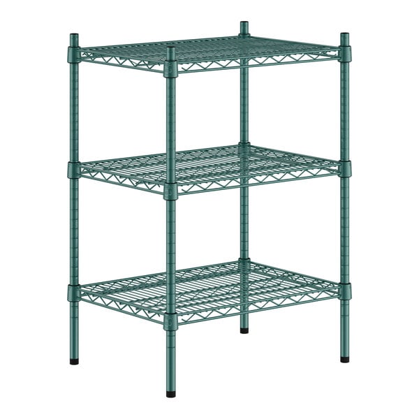 A green metal wire shelving unit with three shelves.