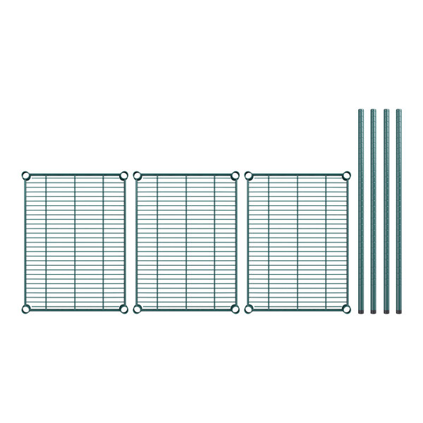 A set of three green wire shelves with metal rods and grids.