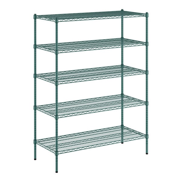 A green metal wire shelving unit with five shelves on a metal frame.