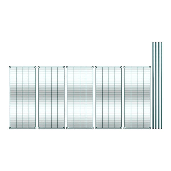 A row of green metal wire grids with poles.