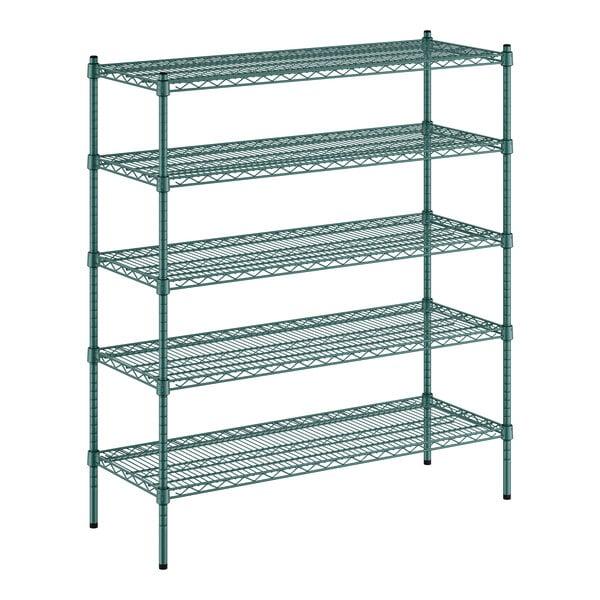 A green metal wire shelving unit with four shelves.