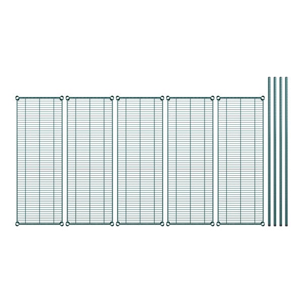 A Regency wire shelving kit with green epoxy wire mesh panels and poles.