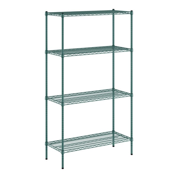 A green wire shelving unit with four shelves.