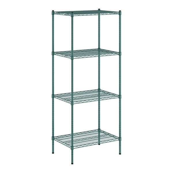 A green Regency wire shelving unit with four shelves.