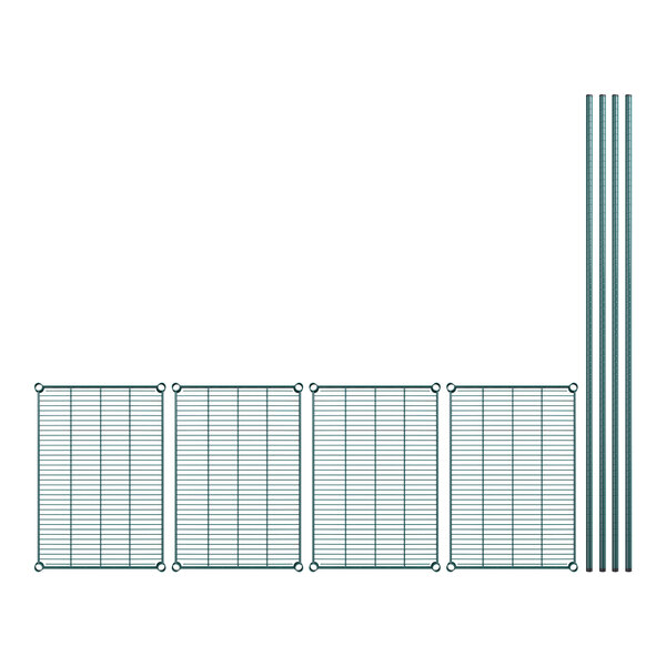 A Regency green wire shelving kit with metal rods and 4 poles.