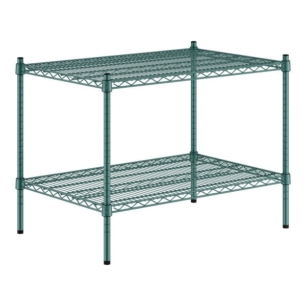 A green metal wire shelf kit with two shelves.