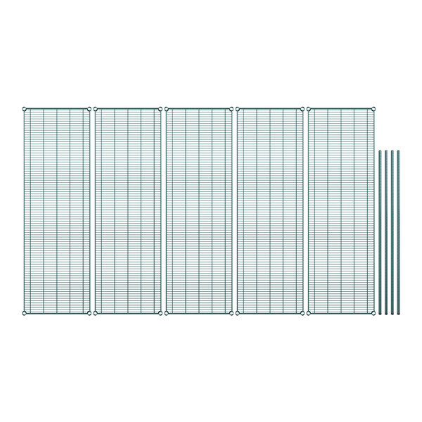 A Regency wire shelving kit with green wire mesh panels and metal poles.
