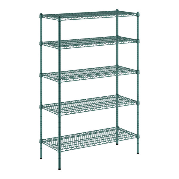 A green metal wire shelving unit with five shelves.