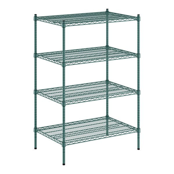 A green wire shelving unit with four shelves.