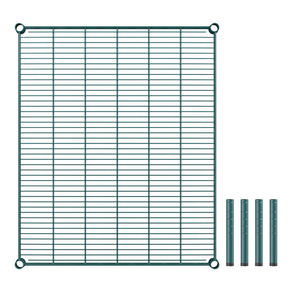 A green metal wire mesh grid with metal poles.