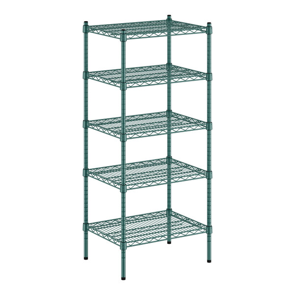 A green wire shelving unit with five shelves.