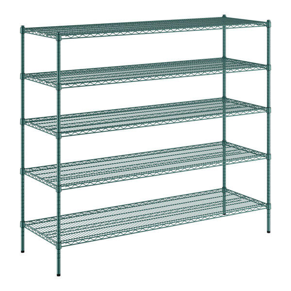 A green metal Regency wire shelving unit with four shelves.