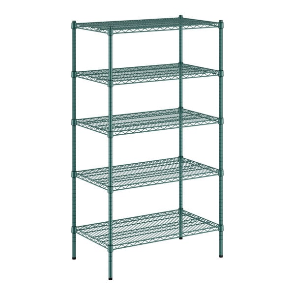 A green metal wire shelving unit with five shelves.