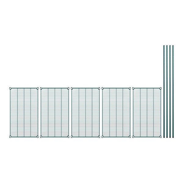 A row of metal wire shelves with green metal bars.