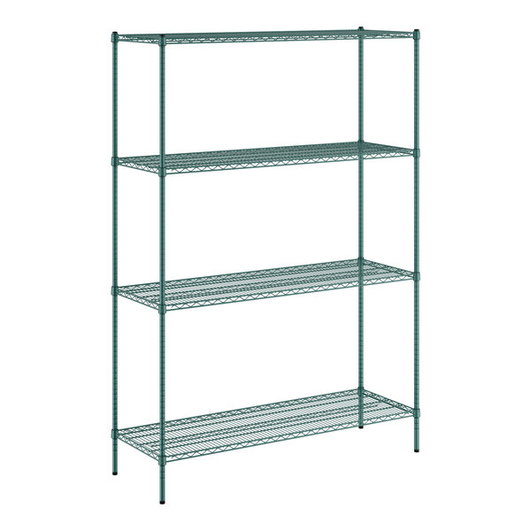 A green wire shelving unit with four shelves and poles.