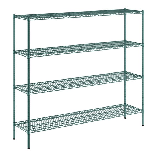 A green metal Regency wire shelving unit with four shelves.