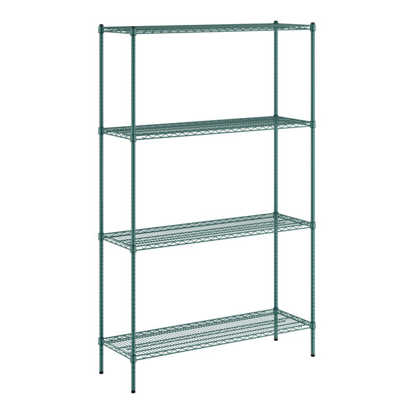 A green Regency wire shelving unit with four shelves.