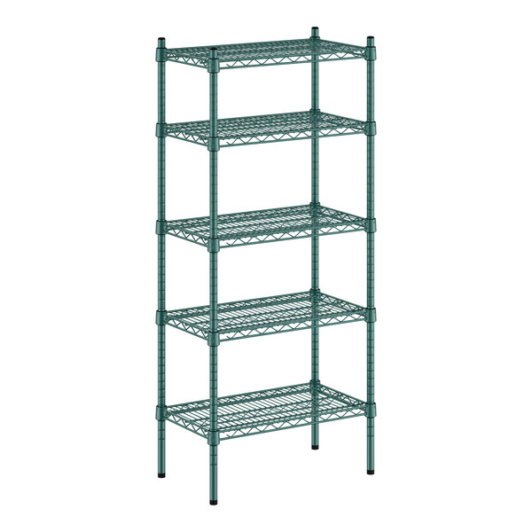 A green metal wire shelving unit with five shelves.