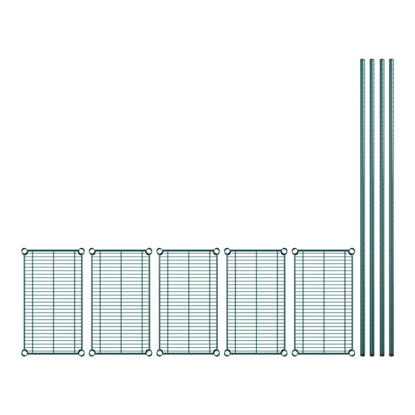 Regency wire shelving kit with green epoxy shelves and metal bars.