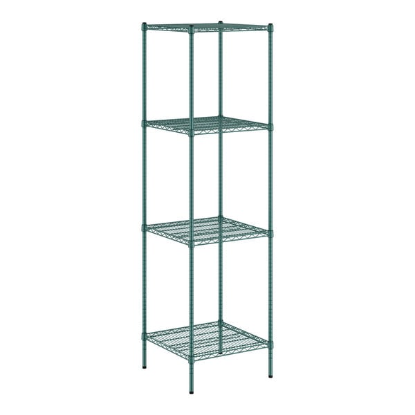 A green wire shelving unit with four shelves.