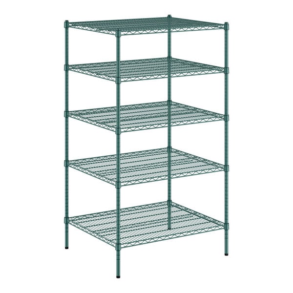 A Regency green wire shelving unit with five shelves.