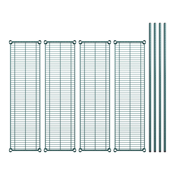 A set of four metal shelves with green metal rods.