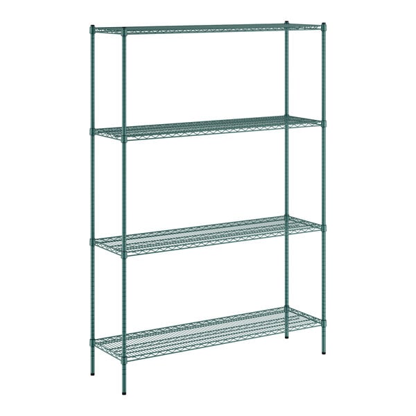 A green wire shelving unit with four shelves.