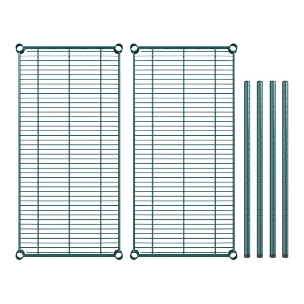 A pair of green metal grids with metal poles.
