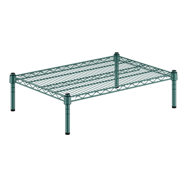 A green metal Regency wire shelf kit with black posts.