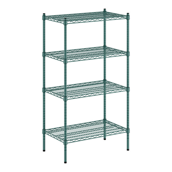 A green Regency wire shelving unit with four shelves.