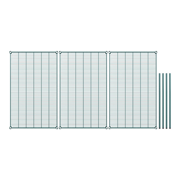 A Regency green wire shelving kit with wire mesh panels and poles.