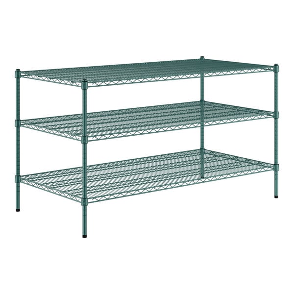 A green wire shelving unit with three shelves.