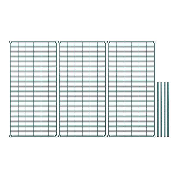 A row of green wire shelves with poles.