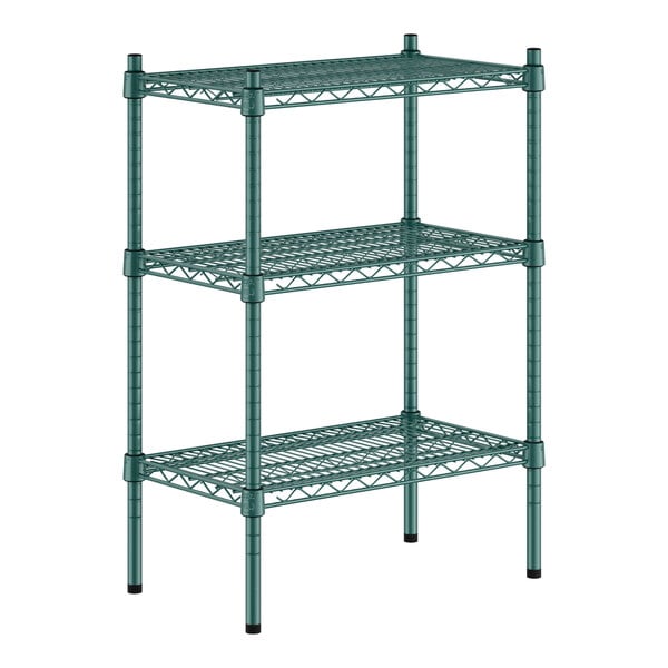 A green metal wire shelving unit with three shelves.